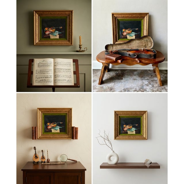 Charming Vintage Mid-Century Violin Still Life Painting in Gilt Frame. Add a touch of classic musical elegance to your...