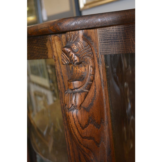 Antique Empire Oak Curved Bowfront Glass Curio Display Cabinet Paw Feet & Carved Lions For Sale - Image 6 of 18