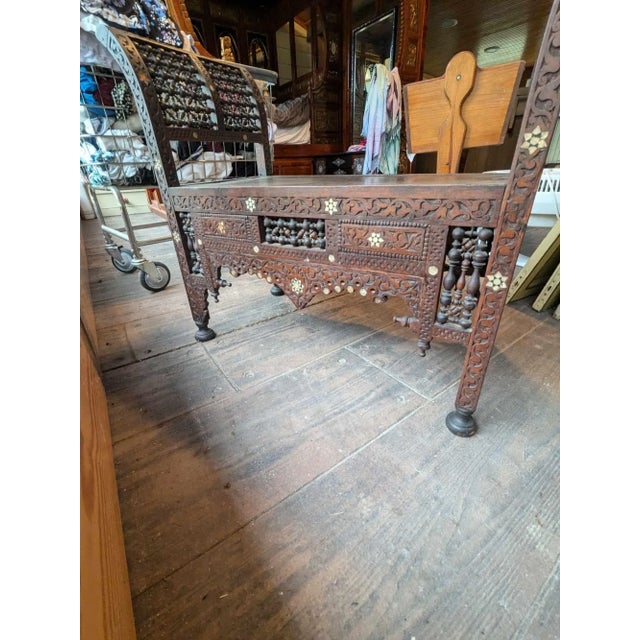Moroccan Late 19th Century Moroccan Style Mother of Pearl Inlay Entry Bench For Sale - Image 3 of 12