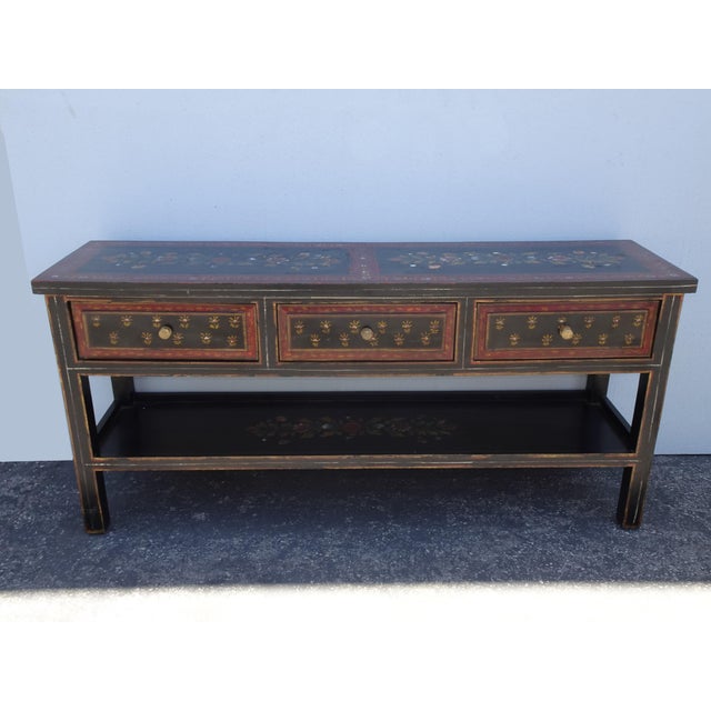 French Country Vintage French Country Red Floral Console Table W a Floral Shelf For Sale - Image 3 of 16