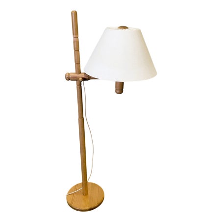Scandinavian Pine Floor Lamp with Adjustable Arm and Linen Shade, 1970s For Sale