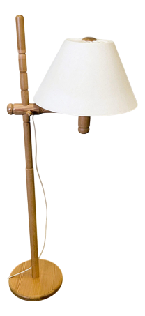 Scandinavian Pine Floor Lamp with Adjustable Arm and Linen Shade, 1970s