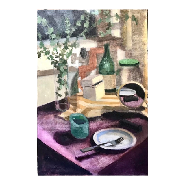 Signed Contemporary Still Life Painting, 1990s Abstract Wall Art Purple Beige For Sale