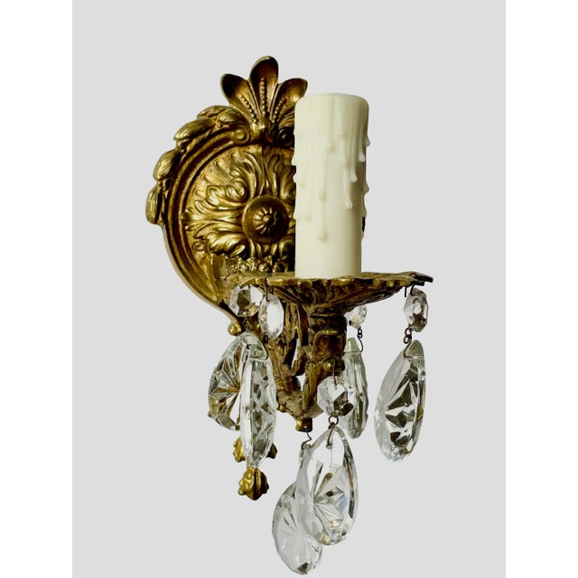 Rococo 1950s Spanish Bronze & Crystal Wall Lighting, Vintage Wall Sconce Pair For Sale - Image 3 of 10