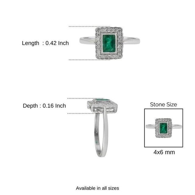 Octagon Cut Geometric Zambian Emerald Ring With Diamond Halo in Silver, Size 6 For Sale - Image 11 of 14
