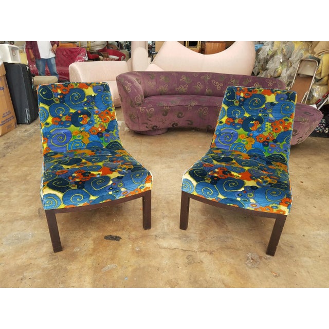 Pair of Edward Wormley For Dunbar slipper chairs covered in original Jack Lenor Larsen fabric in good condition.