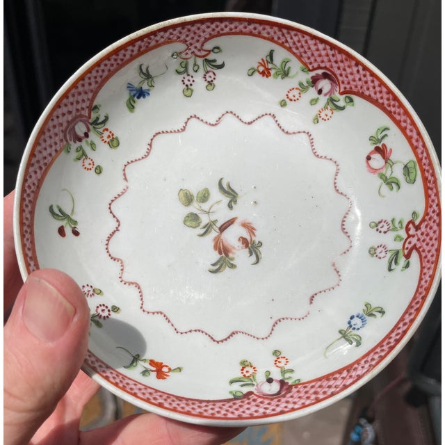 18th century pink and white floral porcelain saucer. Unmarked, but typical of New Hall porcelain made at Staffordhshire,...