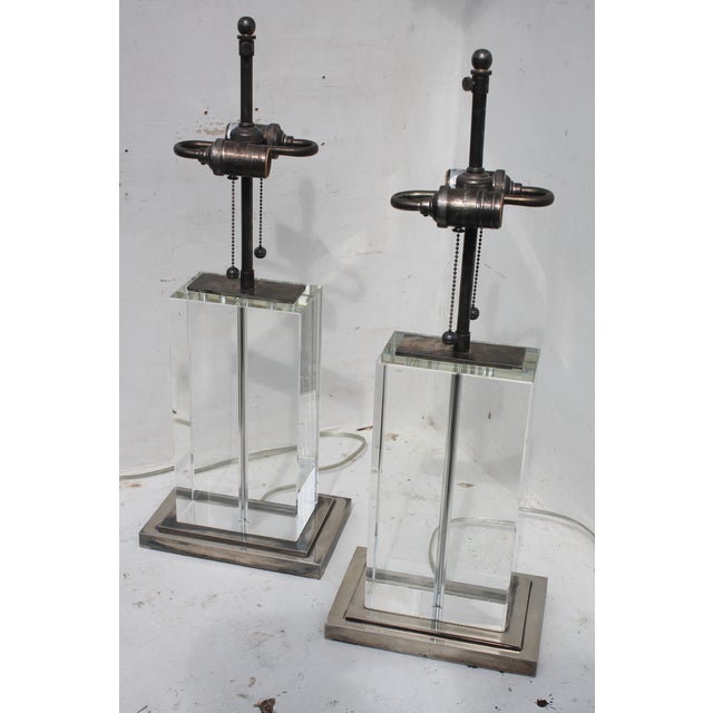 Pair 1970's Italian Modern Solid Glass Block W/ Silver Detailed Heavy Table Lamps For Sale - Image 9 of 10