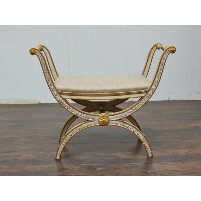 French Neoclassical Style Curule Stool, Gilded Wood and Upholstered Seat For Sale - Image 10 of 12