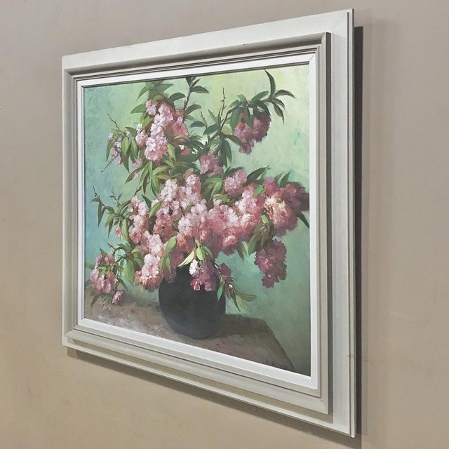 Realism Antique Hand-Painted Still Life Oil on Canvas, Cherry Blossoms by E. Devos in Original Frame For Sale - Image 3 of 14