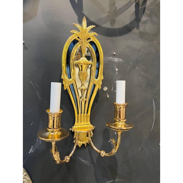 Neoclassical 1920 Caldwell Bronze Sconces With Mirror and Cobalt Glass For Sale - Image 3 of 10