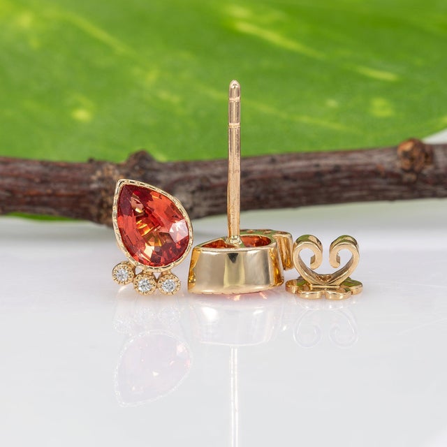 2020s 1.9Ct Padparadscha Sapphire Earrings With Earth-Mined Diamond Accents: 14k Gold, A Pair For Sale - Image 5 of 5
