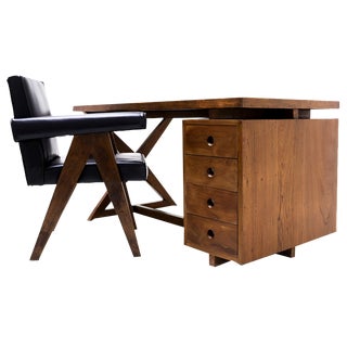 Teak and Leather Frame Desk and PJ SI 30 A Committee Chair attributed to Pierre Jeanneret, Chandigarh, India, 1960s, Set of 2 For Sale