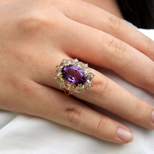 Kai Purple Amethyst Aquamarine Pink Sapphire Cocktail Ring in 14k Gold Ring, size 7 For Sale In Los Angeles - Image 6 of 11