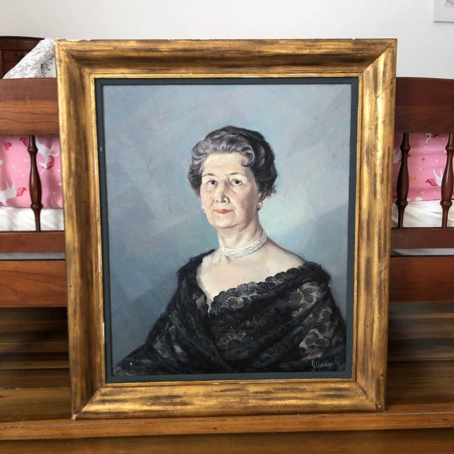 Vintage 1958 Portuguese Portrait Original Oil Painting of a Woman For Sale - Image 12 of 12