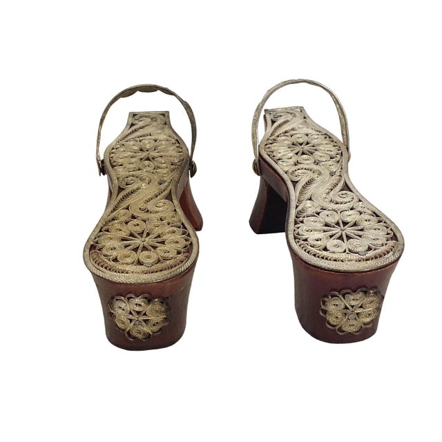 Turkish Hammam Clogs Mininature of a Pair of Silver Filigree Shoes For Sale - Image 4 of 6