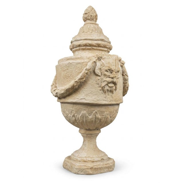 Neoclassical Pair of Grand Neoclassical Resin Garden Urns With Garlands and Lion Masques For Sale - Image 3 of 8