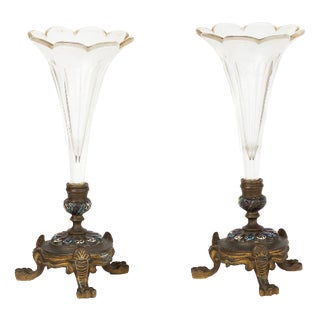Late 19th Century French Gilt Bronze and Champlevé Enamel Trumpet Vases, Set of 2 For Sale