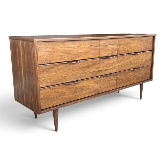 Wood Restored Mid-Century Modern Walnut 9-Drawer Dresser With Recessed Pulls For Sale - Image 7 of 12