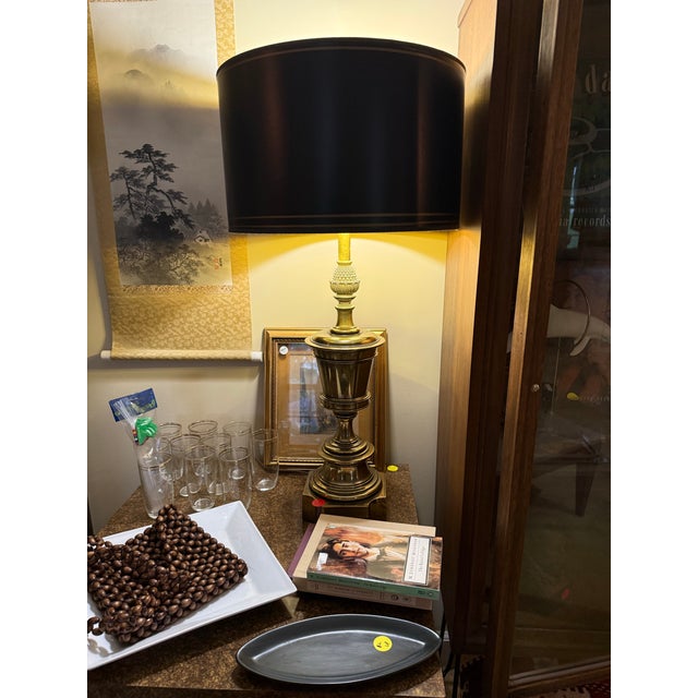 Curated Pair of Monumental Vintage Stiffel Neoclassical Brass Table Lamps With Custom Black Shades For Sale - Image 11 of 11