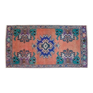 Hand Knotted Low Pile Wool Turkish Small Rug Faded Mat Entry Decor, Bath Mat - 1'8'' X 3' For Sale