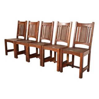 Lifetime Furniture Antique Mission Oak and Cane Arts & Crafts Dining Chairs, Set of Five For Sale