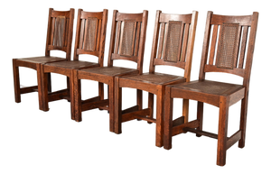 Lifetime Furniture Antique Mission Oak and Cane Arts & Crafts Dining Chairs, Set of Five