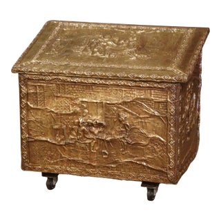 Early 20th Century French Repoussé Brass Fireplace Wood Box on Casters For Sale