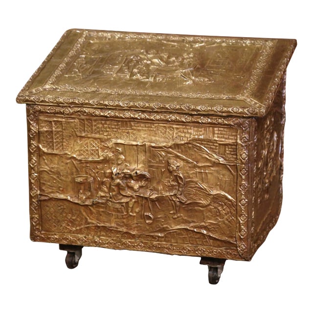 Early 20th Century French Repoussé Brass Fireplace Wood Box on Casters For Sale