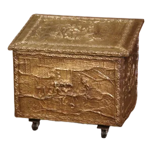 Early 20th Century French Repoussé Brass Fireplace Wood Box on Casters