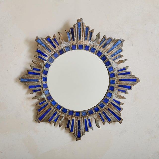 Blue French Sunburst Blue Talosel Wall Mirror by Irena Jaworska, 1960s - 2 Available For Sale - Image 8 of 10