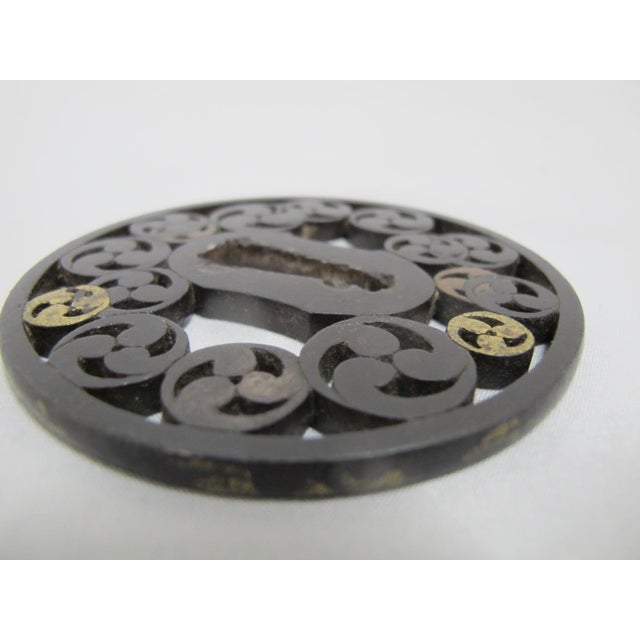 Japanese Iron Tsuba Fine Openwork Hidari-Mitsudomoe Kobayakawa Japanese Edo Sword Guard For Sale - Image 3 of 7
