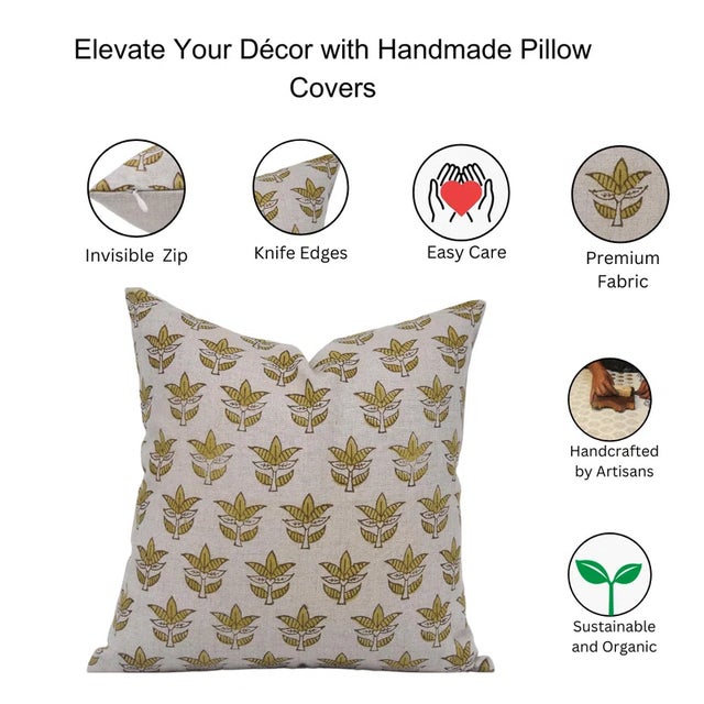 Fabdivine Handcrafted Pillow Cover With Block Prints Pure Linen 22x22 Inch - 7Patti For Sale - Image 6 of 6