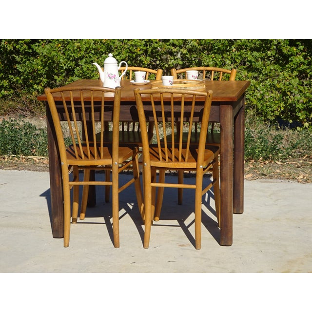 Rectangular tabletop, light oak veneer, oak frame. Solid oak frame and legs, lightly patinated. Beautiful, sturdy table...