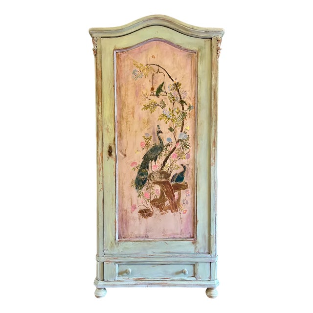 Vintage Painted Pine Linen Press with Inlaid Chinoiserie, 1890s For Sale