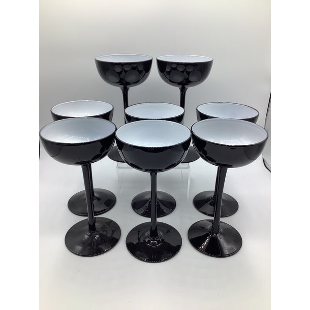 Glass Vintage Carlo Moretti Italy Black White Cased Glass Tall Stem Champagne Coupes - Set of 8 For Sale - Image 7 of 8