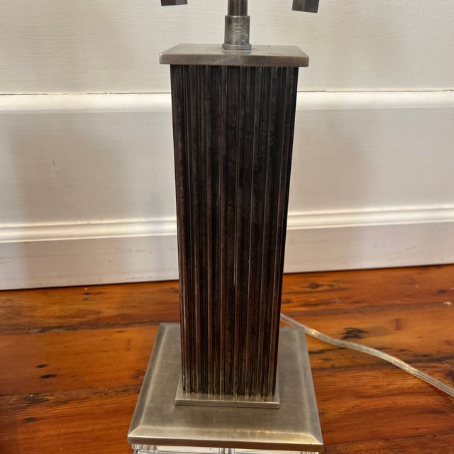 Gorgeous heavy pair of nickel table lamps by Thomas O’Brien for Visual comfort on a stacked glass base. 18 inches to...