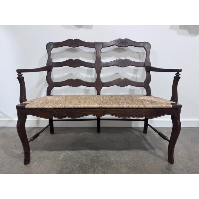 Vintage Wood and Natural Rush French Country Bench. Seat weaved by hand with pre twisted seagrass, June 2026.