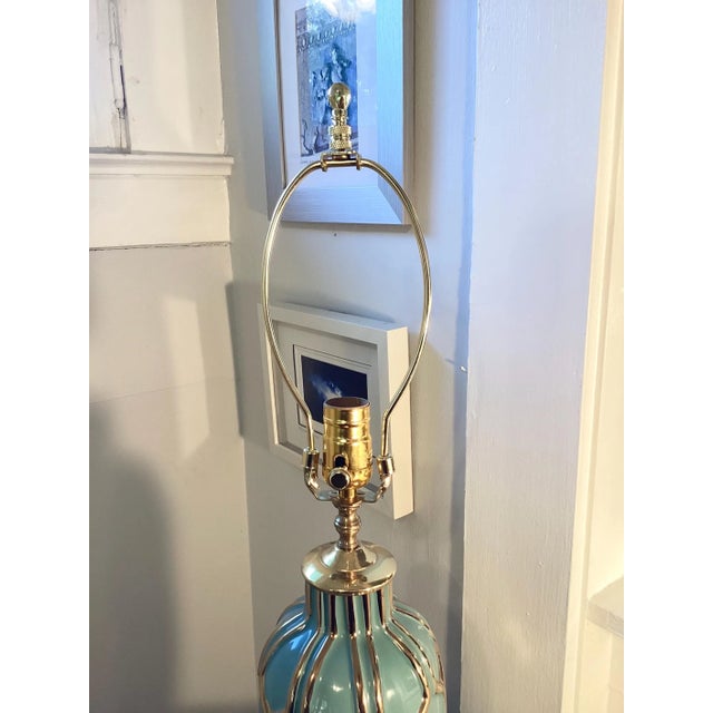 Hollywood Regency Ceramic Lamp: Gold & Blue, Lucite Base, C. Damien Fox Design For Sale In Houston - Image 6 of 8