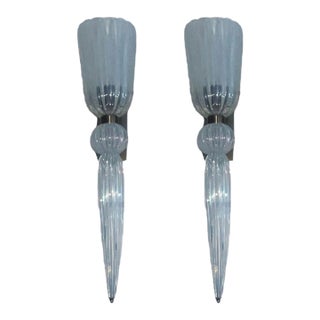 Pair of Modernist Celadon Opaline Murano Glass & Brass Sconces. 21st Century For Sale