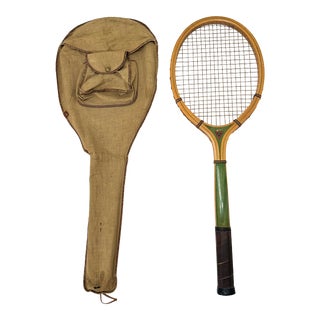 Vintage 1930s Cortland American Hand Made Tennis Racquet in Beautiful Condition With Original Canvas Storage Bag For Sale
