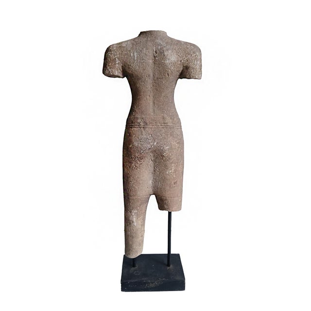 Stone Reclaimed Khmer Torso Sculpture, Hand-Carved Sandstone, Thailand, 1930 For Sale - Image 7 of 11