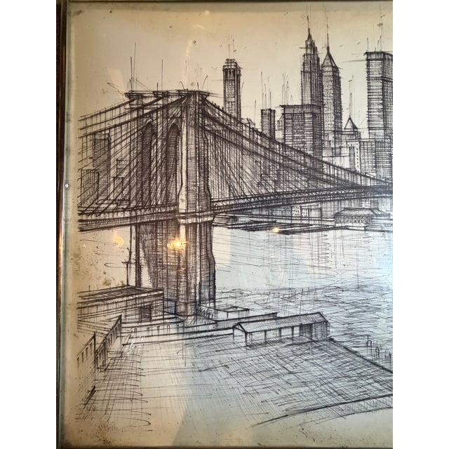 Vintage 1960s Framed Original Pencil & Ink Brooklyn Bridge Cityscape Drawing, Signed For Sale - Image 4 of 10