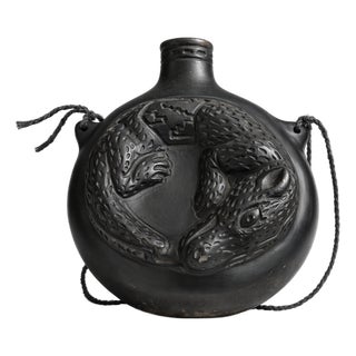 Andean Blackware Ceramic Canteen with Zoomorphic Relief, South America, 20th Century For Sale