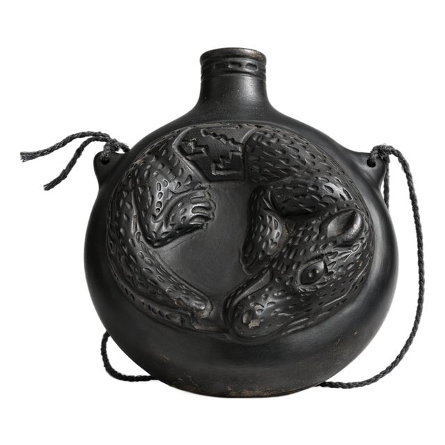 Andean Blackware Ceramic Canteen with Zoomorphic Relief, South America, 20th Century For Sale