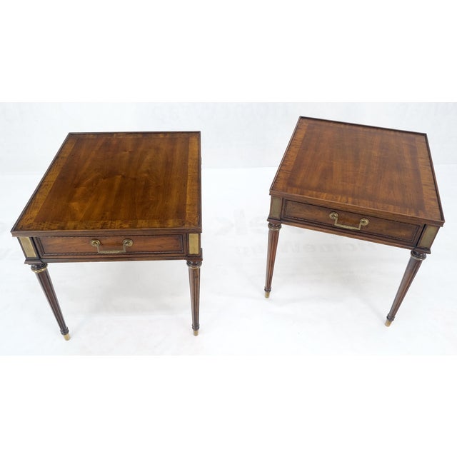 Brown Pair Banded Top Fluted Tapered Legs One Drawer Low Profile End Tables Stands For Sale - Image 8 of 14