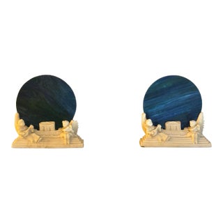 1920s Art Deco Figural Alabaster & Slag Glass "Full Moon" Pierrot Lamps - A Pair For Sale