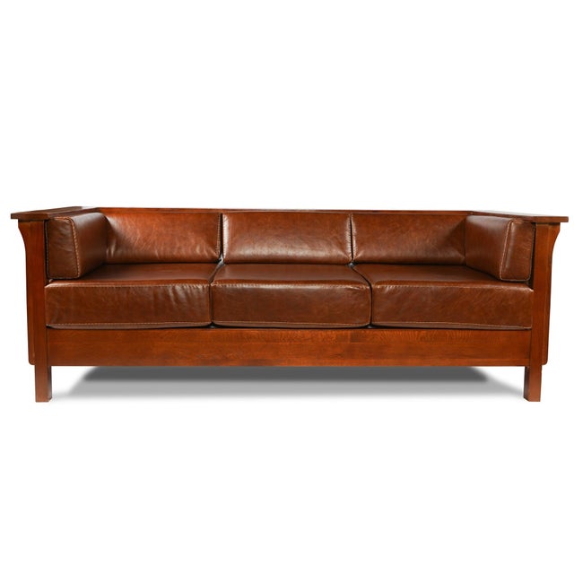 Mission Mission / Craftsman Cubic Slat Side Sofa - Chestnut Brown Leather For Sale - Image 3 of 6