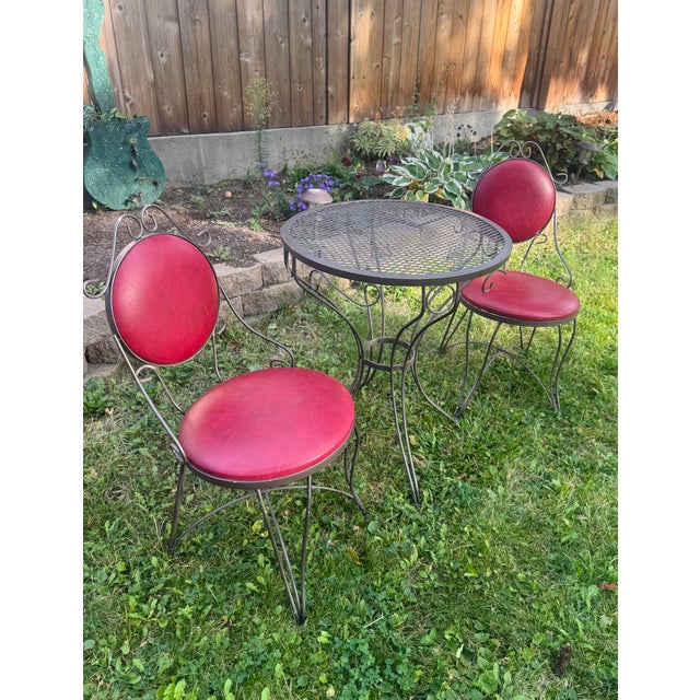 Mid-Century Modern 1960s Syd Leach Wrought Iron Bistro Set With Pink Vinyl Chairs For Sale - Image 3 of 14