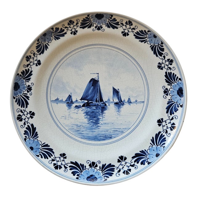 Two Classic Delft Plates of Windmills and Sailing Ships Circa 1905 and 1906 For Sale